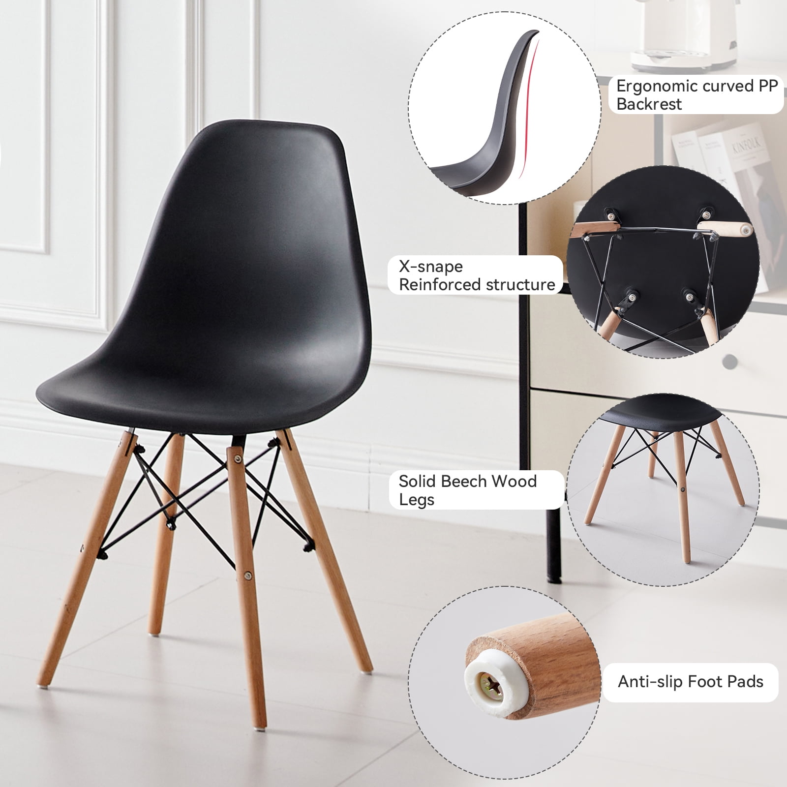 5 Piece 35.5'' Round Dining Table Set for 4, Kitchen Table & Chairs Set of 4, Mid-Century Modern Table W/ 4 Chairs for Home, Living Room, Apartment, Wood Legs, Metal Frame, Black