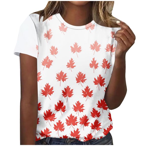 Fewfanhot Women's Canada Day Maple Leaf Print T-Shirt, Crew Neck Patriotic Short Sleeve Tee, Casual Summer Loose Fit Top, S-3XL