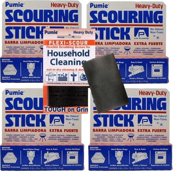 PUMIE 4-Pack Heavy Duty Pumice Scouring Sticks with Flexi Scour Pad for Toilet Rings, Grills, Pools and Stains