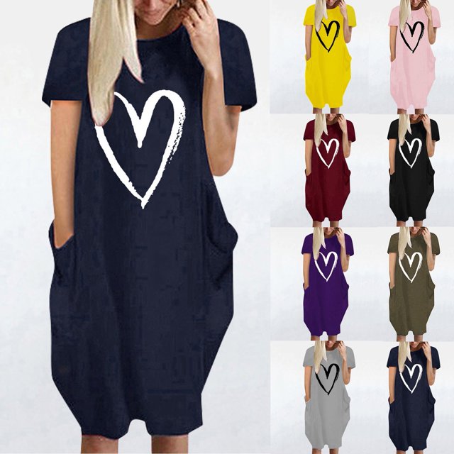 Shorts pour Femmes Robe à Manches Longues Mode Femmes Ample Imprimé Amour Col Rond Poches Robe Décontractée à Manches Courtes