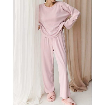 

QWZNDZGR Hiloc Long Sleeve Knitted Sleepwear Women s Winter Set Blue Round Neck Ribbed Pajama Women Casual Nightwear Pink Trouser Suits