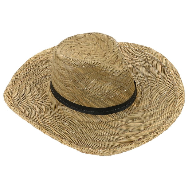 Sombrero de paja tejida de ala ancha para hombre, con protección UV, ideal para el sol y actividades al aire libre en verano.