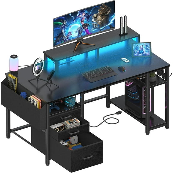 Gaming Desks with Led Lights and Power Outlets, 55 Inch Computer Desk with File Drawers Cabinet, Home Office Desk with Shelves Monitor Stand, Black