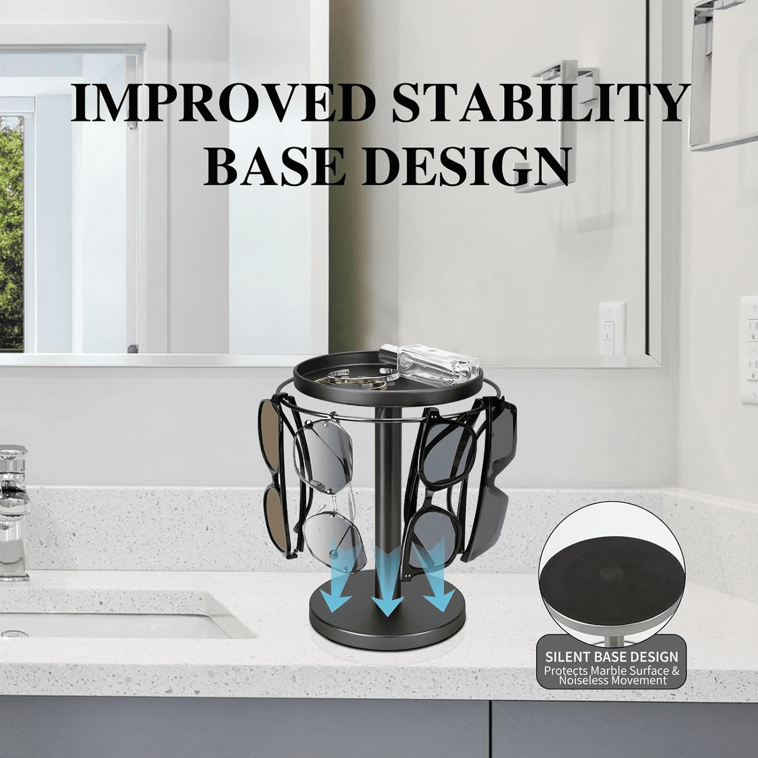 360° Rotating Sunglass Organizer Storage - Metal Glasses Holder Stand with Tray for Desk, Dresser, Tabletop, Nightstand & Home Decor Accessories C