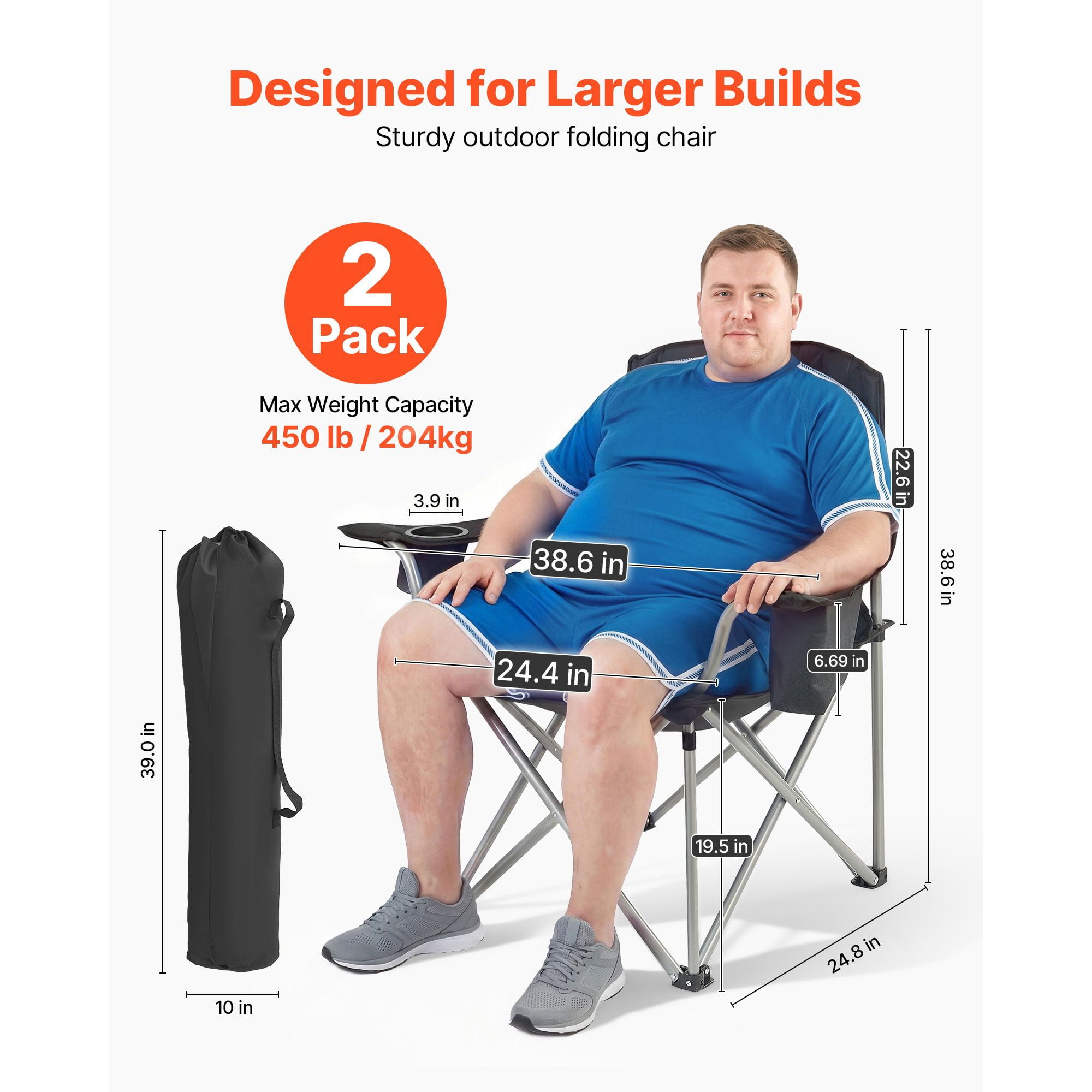 Oversized Camping Chairs, 450 lbs Heavy Duty Support, Portable Folding Camp Chairs with Padded Backrest & Armrests, Cup Holder & Side Pocket, Cooler Bag, Carry Bags for Outdoor, Fishing, 2 Pack