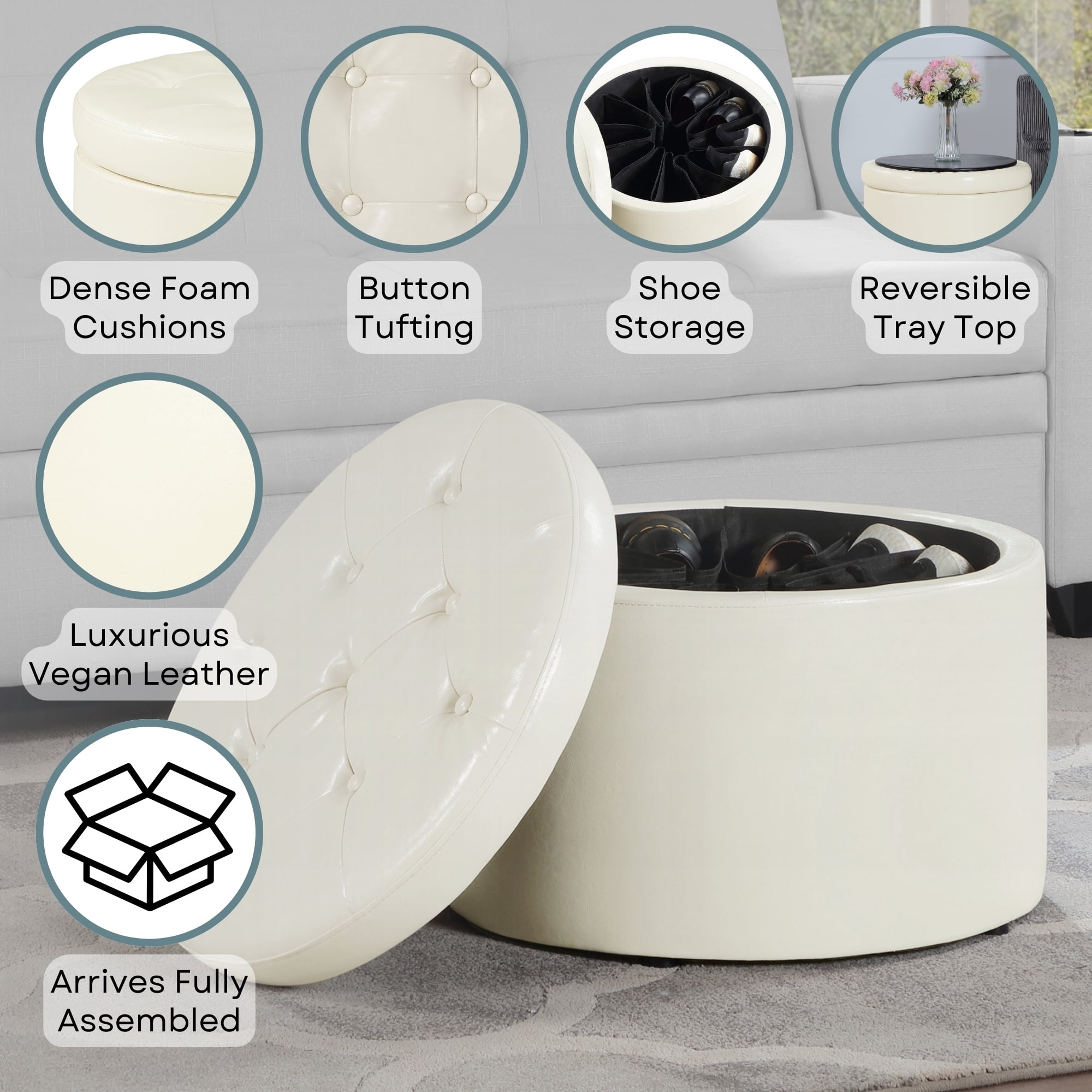 Convenience Concepts Designs4Comfort Round Shoe Storage Ottoman with Reversible Tray Table Lid, Ivory Vegan Leather