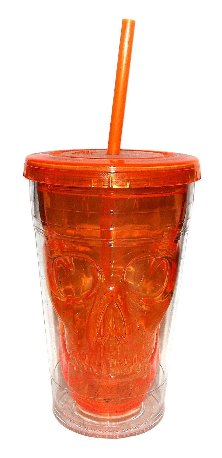 Cool Gear 18oz Orange Skull Travel Cup with Straw