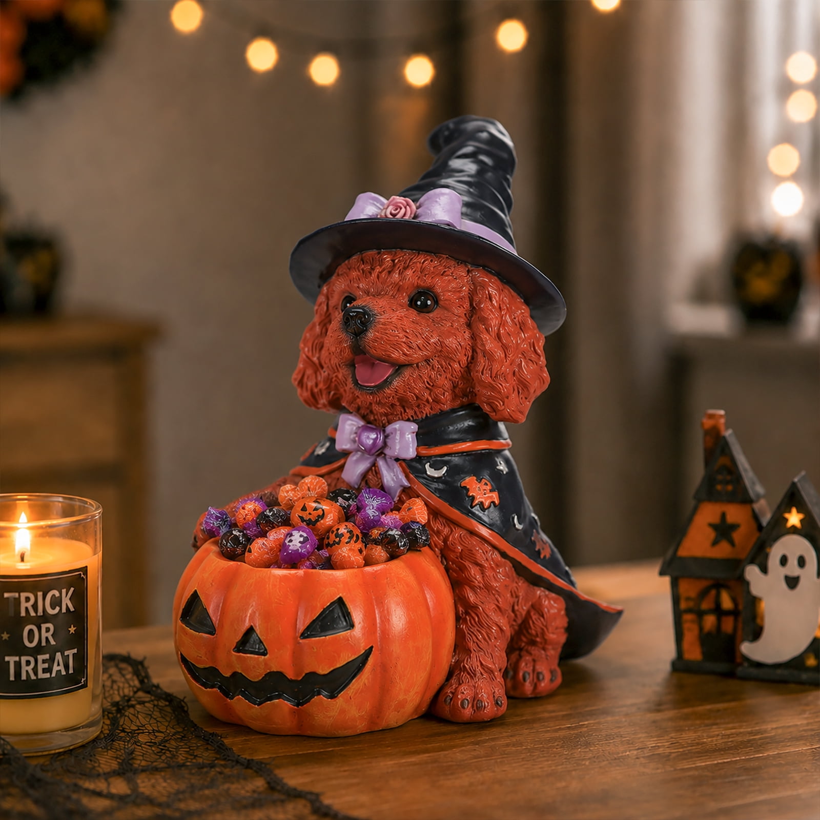 Teddy Dog Figurine 12.6 Inch, Halloween Witch Puppy Statue with Pumpkin Candy Bowl, Cute Dog Decor for Tabletop and Holiday Display, Reddish Brown and Orange-Red