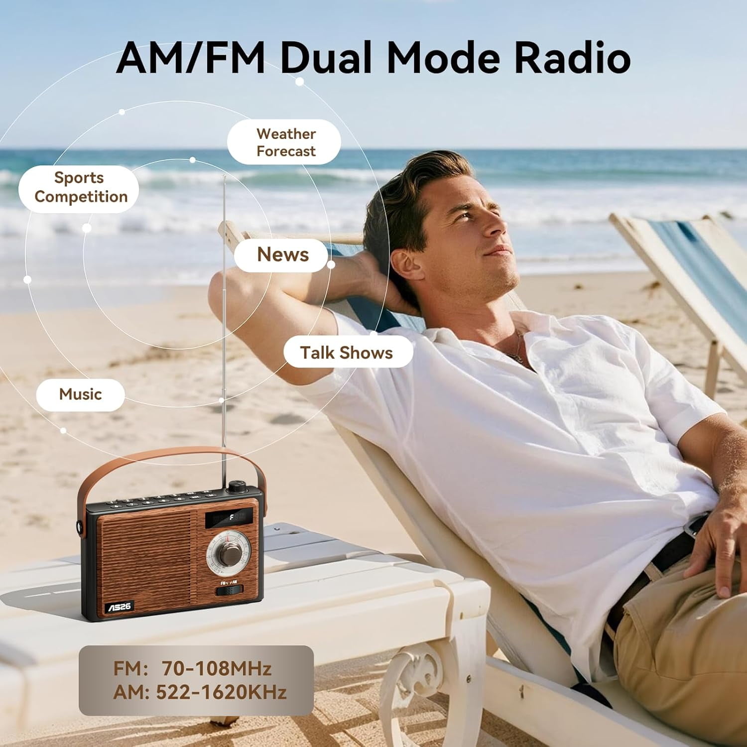 Portable AM FM Radio Bluetooth,Retro Transistor Radio,Rechargeable Vintage Wireless Radio with Digital Display,Support USB/TF/AUX Player,Battery Powered or DC,for Home Office Outdoor,Gifts for Senior