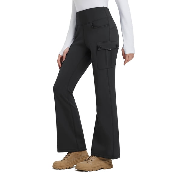BALEAF Women's Fleece Lined Pants Winter Warm Snow Flare Leggings Thick Cargo Bootcut Ski Thermal Insulated Waterproof Hiking Black M