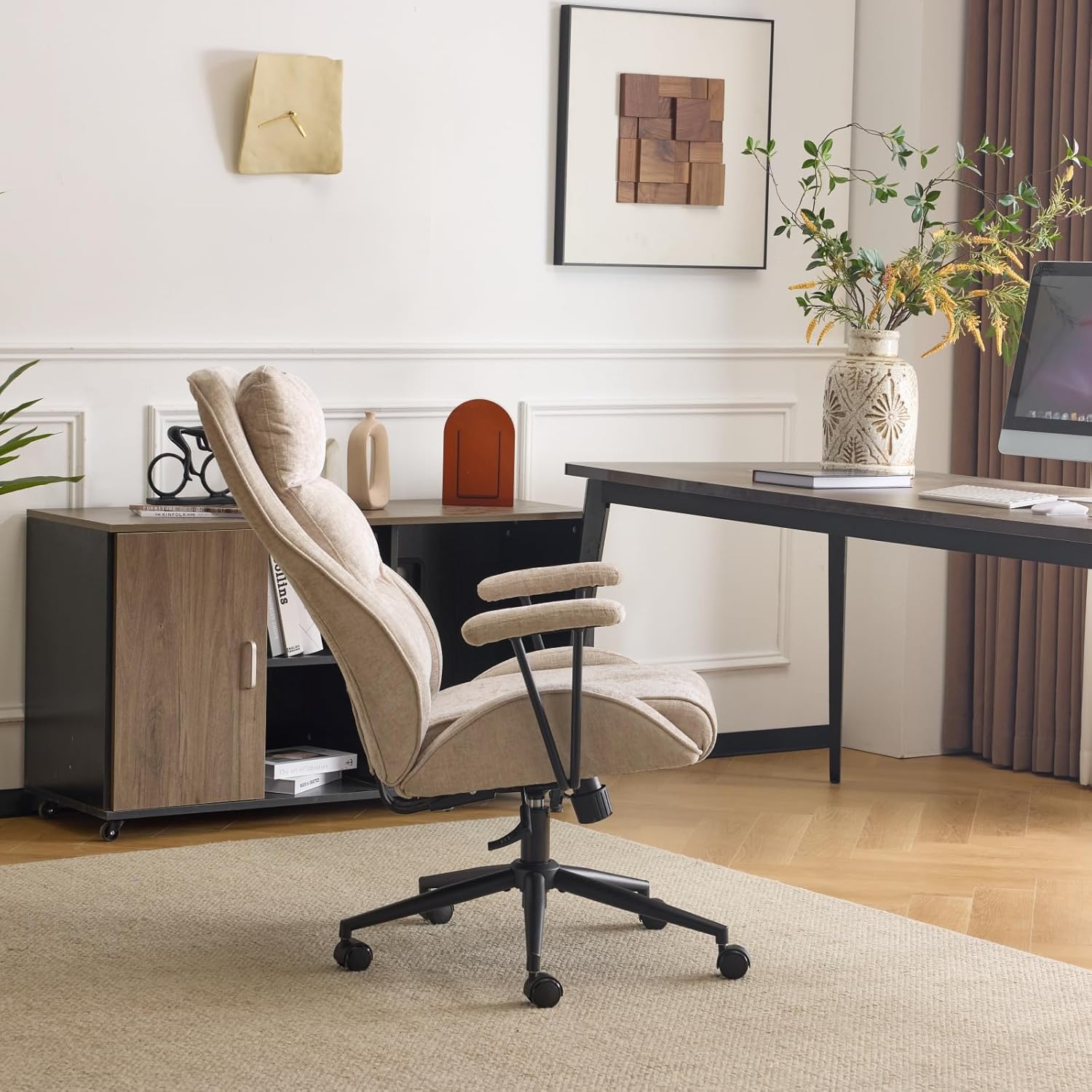 VINGLI Chenille Executive Ergonomic Fabric Office Chair with 100-130° Recline, High-Back Desk Chair with Adjustable Base &Padded Back & Wheels, Comfy Chair for Gaming, Computer, Home Office,Dark Gray