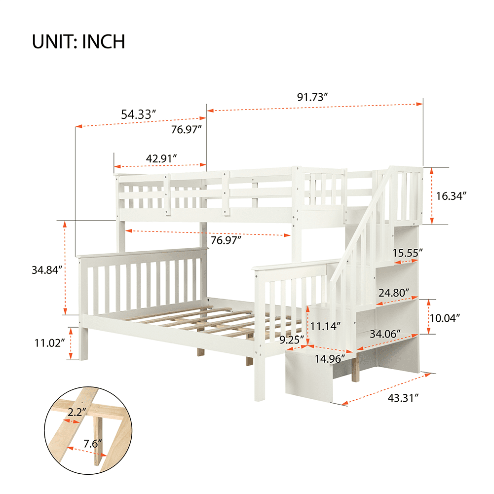 Private Jungle Solid Wood Twin-Over-Full Stairway Bunk Bed with Drawers/Storage/Trundle and Guard Rail for Bedroom and Dorm,White