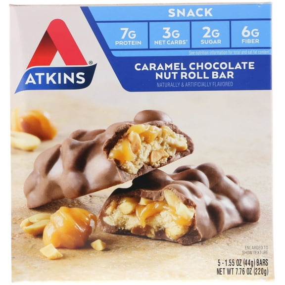 Atkins, Advantage, Caramel Chocolate Nut Roll, 5 Bars, 1.6 oz