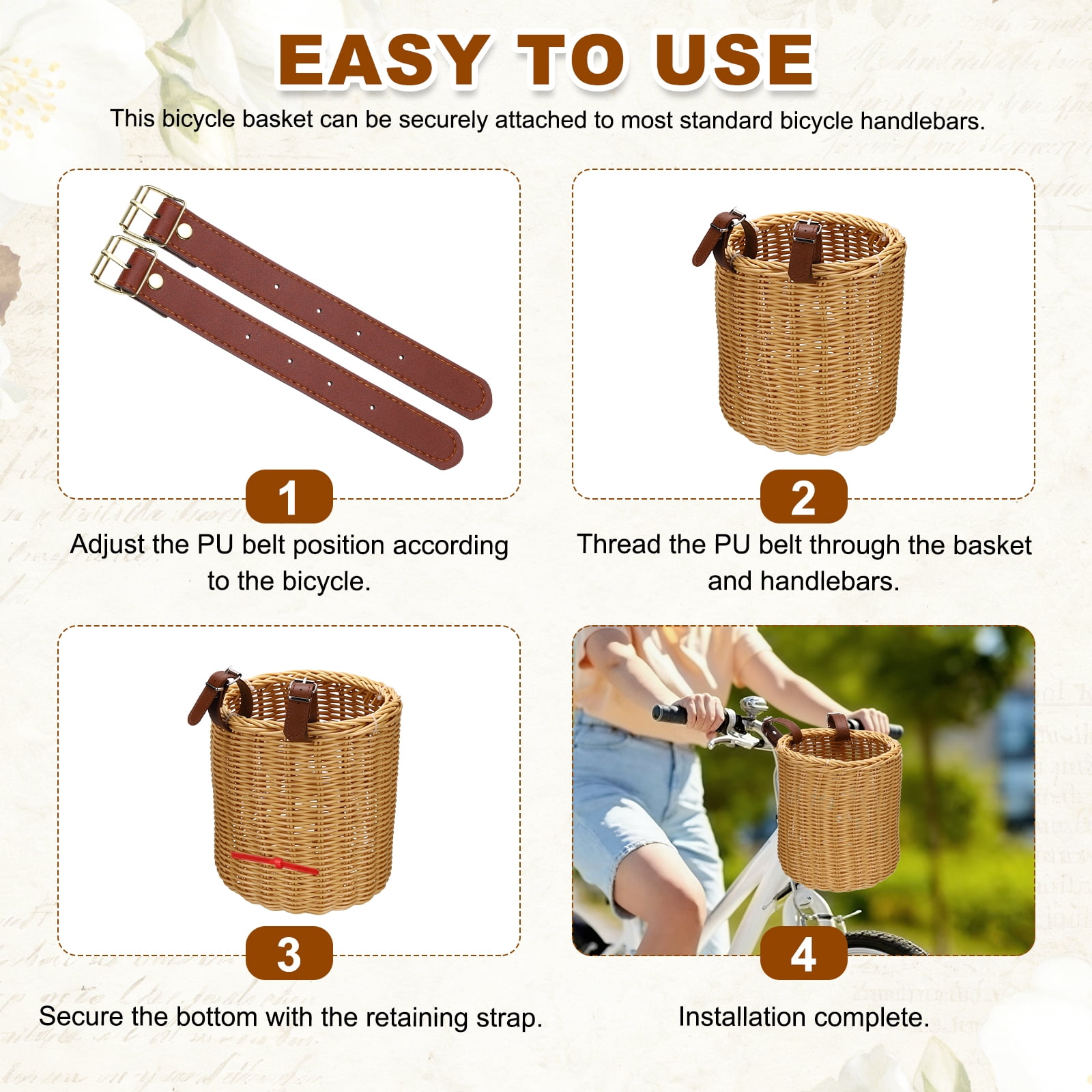 Uxcell Bike Basket, Imitation Rattan Bicycle Basket Adjustable Front Baskets with 2 Leather Belt Buckles Strong Load 7.3 x 7.3 x 8.2" & Apricot-Fitting For(Most Bikes/Tricycle/Scooters)