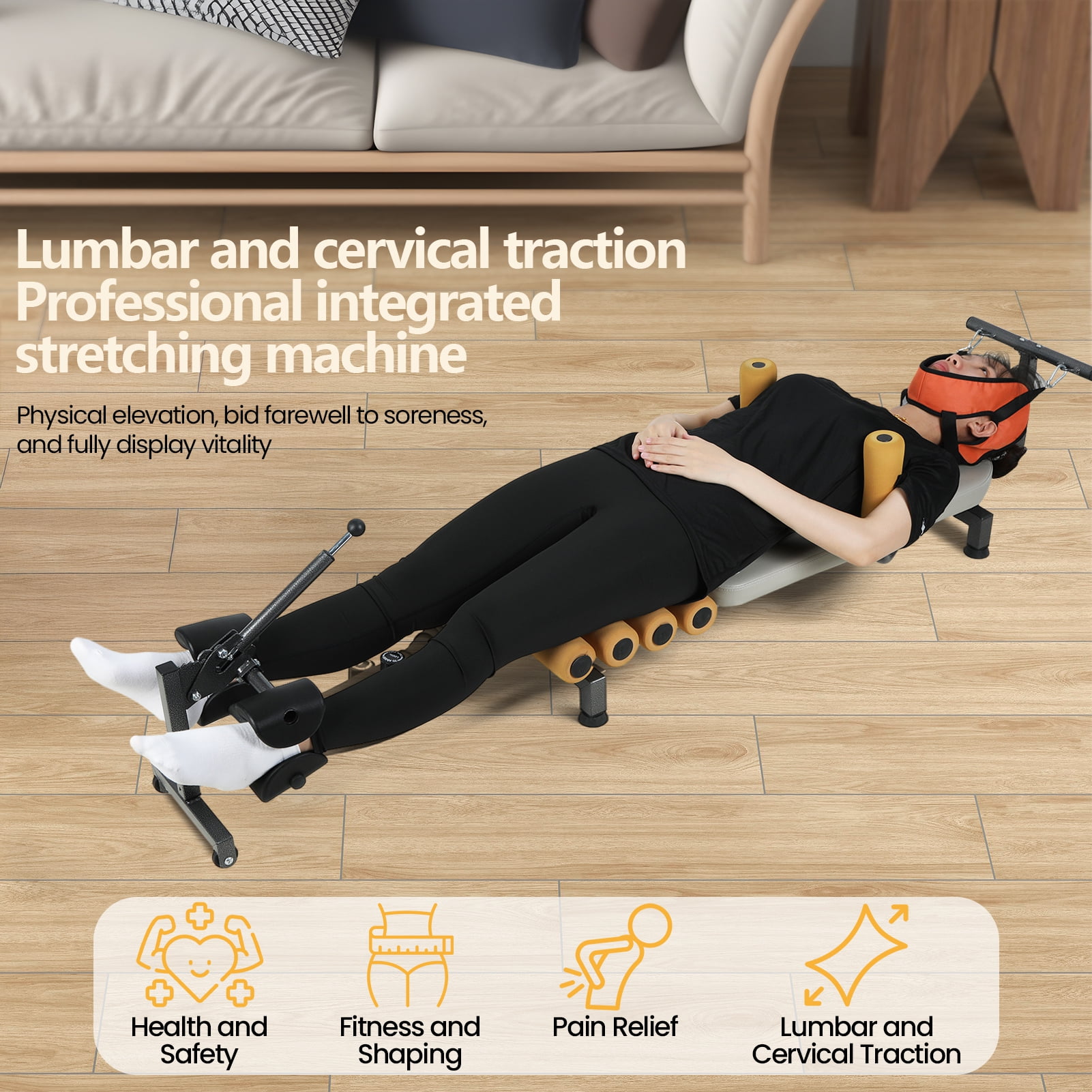 Lumbar Decompression & Cervical Traction Table - Adjustable Length Back Stretch Bench with Foam Rollers, 330lb Weight Capacity for Spinal Relief