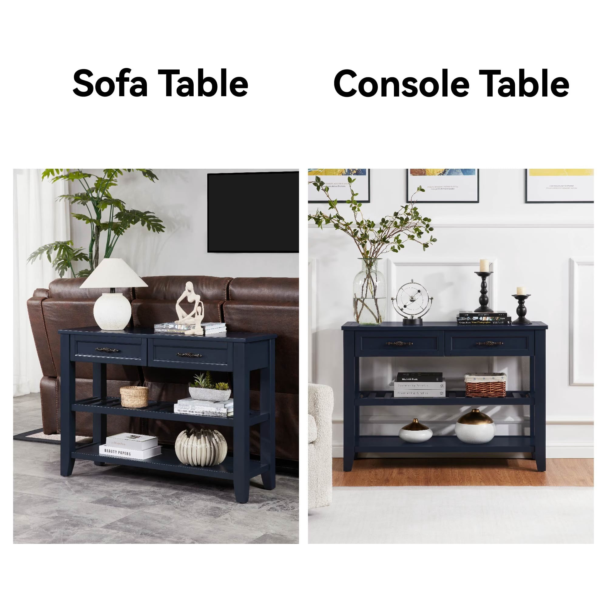 avobird Solid Wood Entryway Table,Features Two Open Shelves and Two Drawers,Vintage Design Table, Suitable for the Living Room,Navy Blue