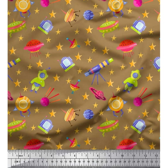 Soimoi Rayon Fabric Spaceship,Star & Telescope Cartoon Print Sewing Fabric Yard 56 Inch Wide