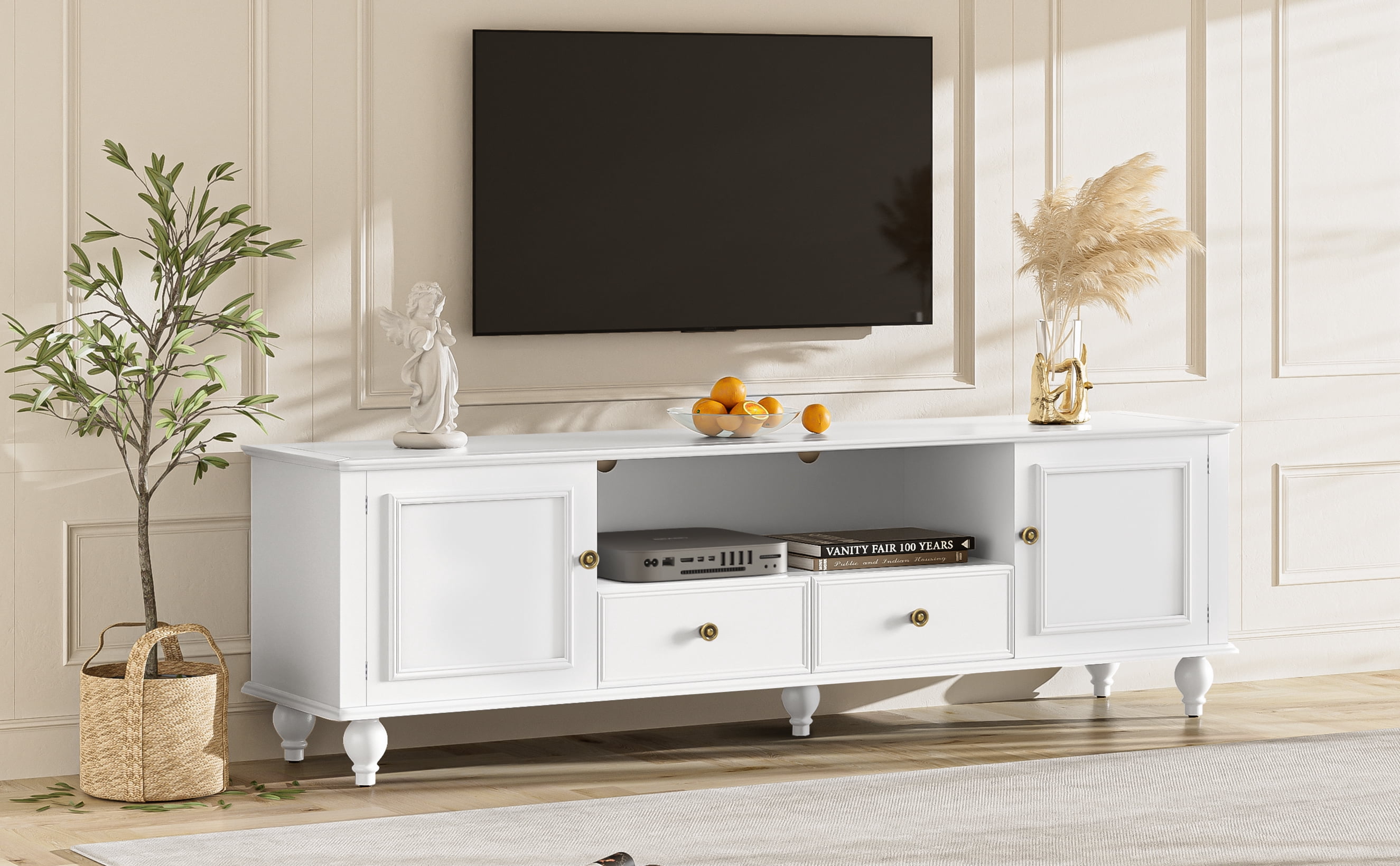 Euroco Modern Minimalist TV Stand with 2 Cabinets, 2 Drawers, and Open Shelf, Media Console with Anti-Tip Kit, for TVs up to 65"