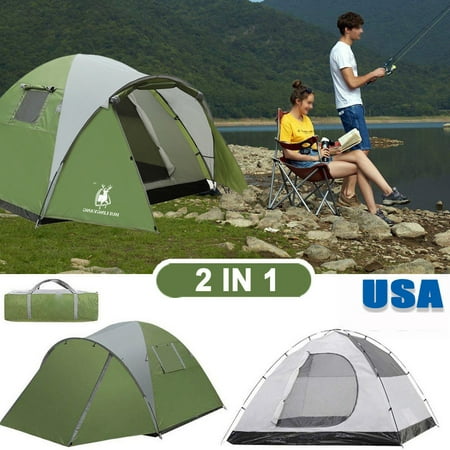 - 2 - Room Modified Dome Tent,iClover Double Rooms 4 Season 4 Persons Camping Tent Double-layer Shelter Waterproof Windproof Outdoor Hiking