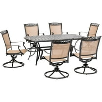 Hanover Fontana 7-Piece Outdoor Dining Set with 6 Sling Swivel Rockers and a 38-In. x 72-In. Cast-Top Table