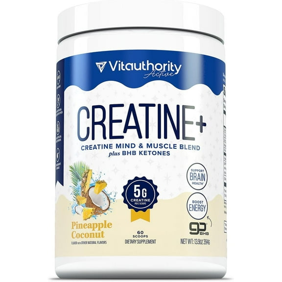 Vitauthority Creatine Monohydrate Powder for Women with goBHB and CognatiQ, Pineapple Coconut Flavor, 5g per Serving, 30 Servings
