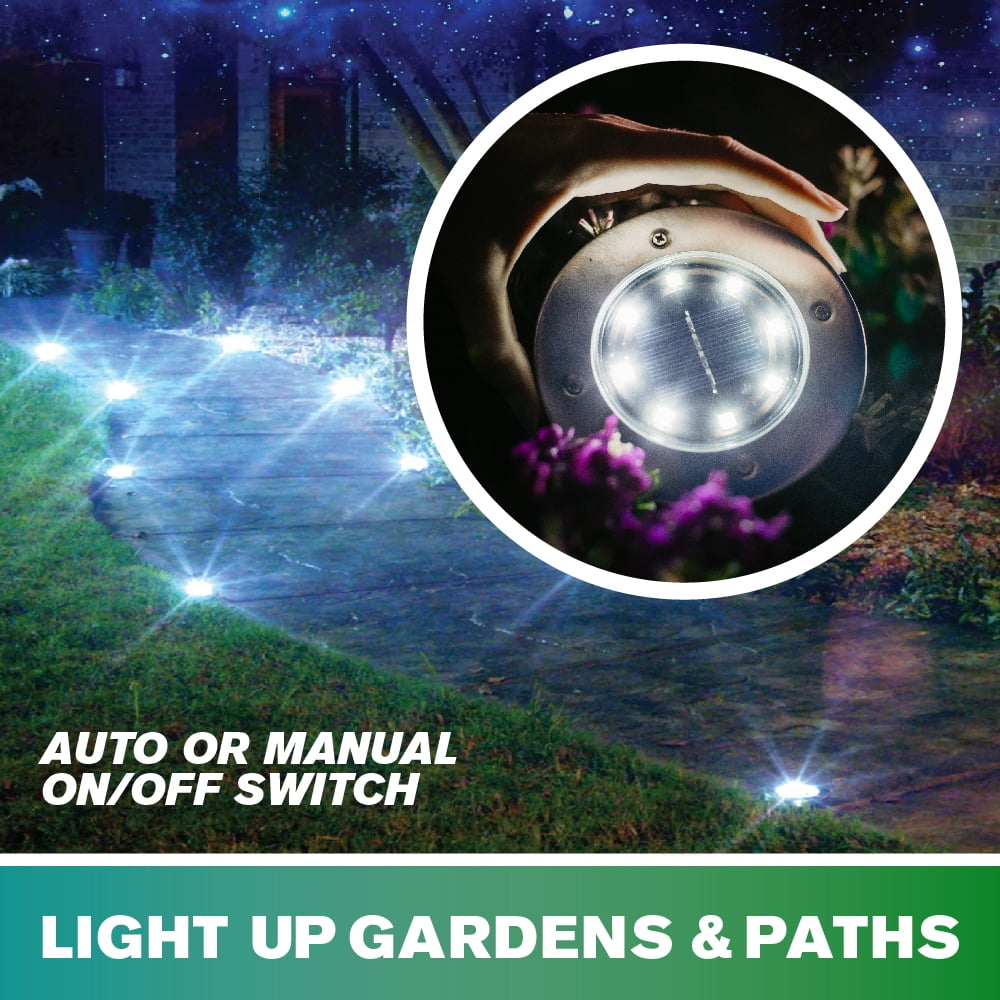Bell + Howell Solar Powered Swivel Disk Lights, Outdoor Path Lights with 8 LED Bulbs, Stainless Steel 4 Pack