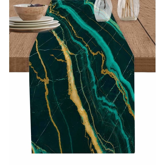 ERUNPONLY Marble Green Table Runner - 70 Inch Long Retro Abstract Ombre Gold Nature Cracks Cotton and Linen Blended Dress Scarves Farmhouse Table Runner for Kitchen Dining, Coffee Table, 13"x70"