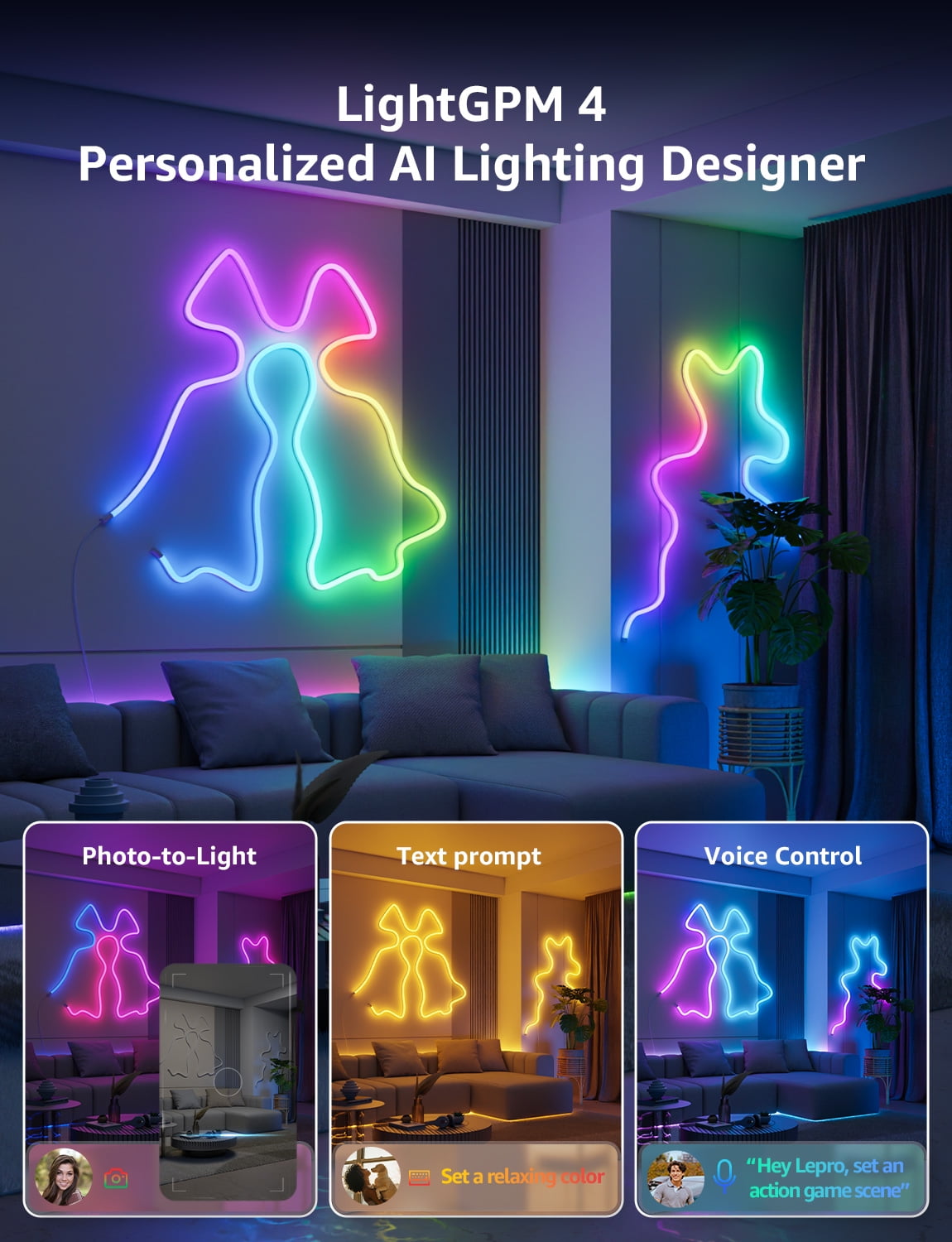 Lepro N1 AI Smart RGB Rope Lights for Christmas, Personalized AI Lighting Designer, LightBeats Music Sync, Color Segment DIY, Voice Control Via App, 19.68ft Wi-Fi & Bluetooth LED Strip Lights