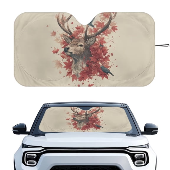 Xixirimido Deer Crow Maple Leaf Print Car Windshield Sun Shade Sun Visor for Front Window Sunshade Block UV Rays Universal Fit Truck SUV Van Auto Accessories