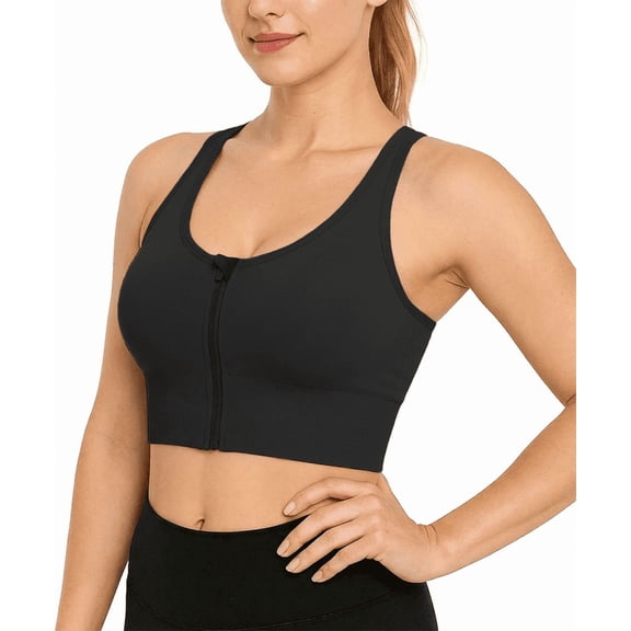 SOMER Sports Bras Front Zip High Support Wireless Padded Strappy Athletic Yoga Workout Bra for Petite Women & Big Girl Black