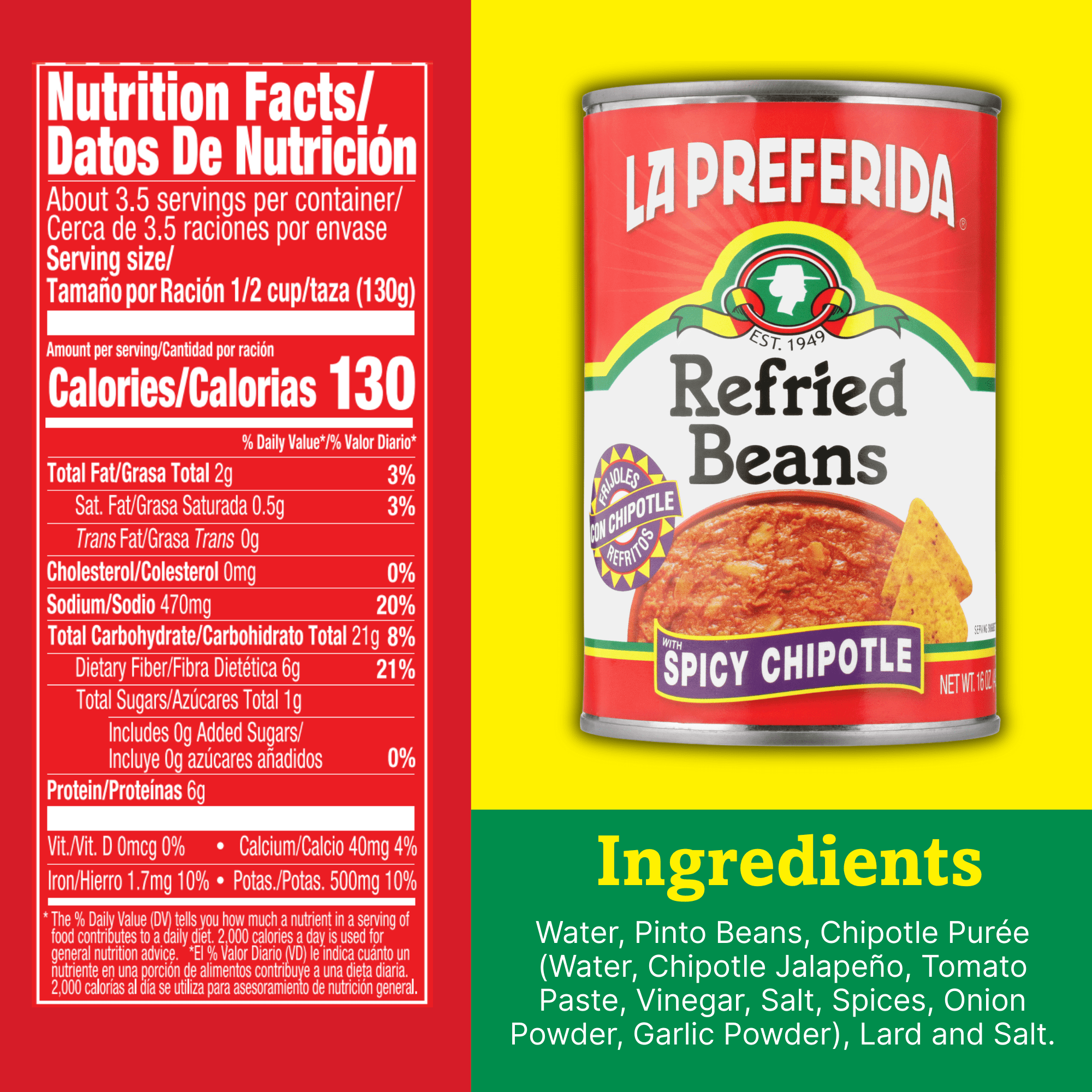 (6 pack) La Preferida Refried Beans with Spicy Chipotle, 16 Oz