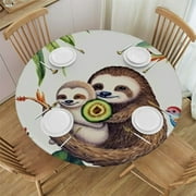 HAOXIT Round Tablecloth Sloths,Cute Palm Tree Leave Flower Mother Washable Polyester Table Cloth Table Cover Decorations for Picnic,Kitchen,Holiday Party 38-42