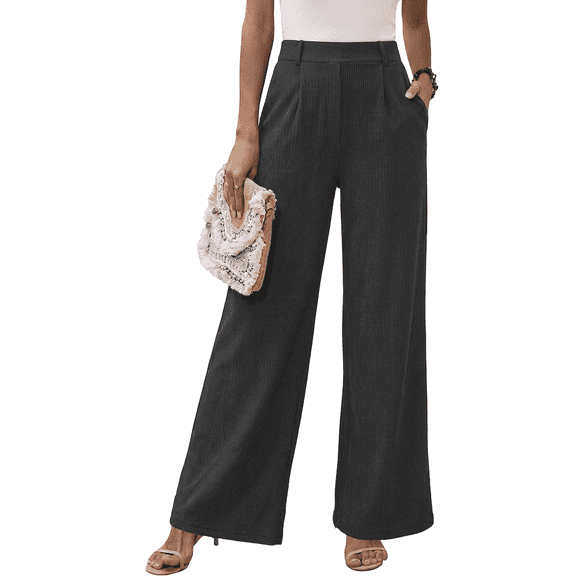 Women’s High Waisted Wide Leg Pants Casual Straight Leg Trousers with Front Pleats Elastic Back Waist Lounge Work Pants
