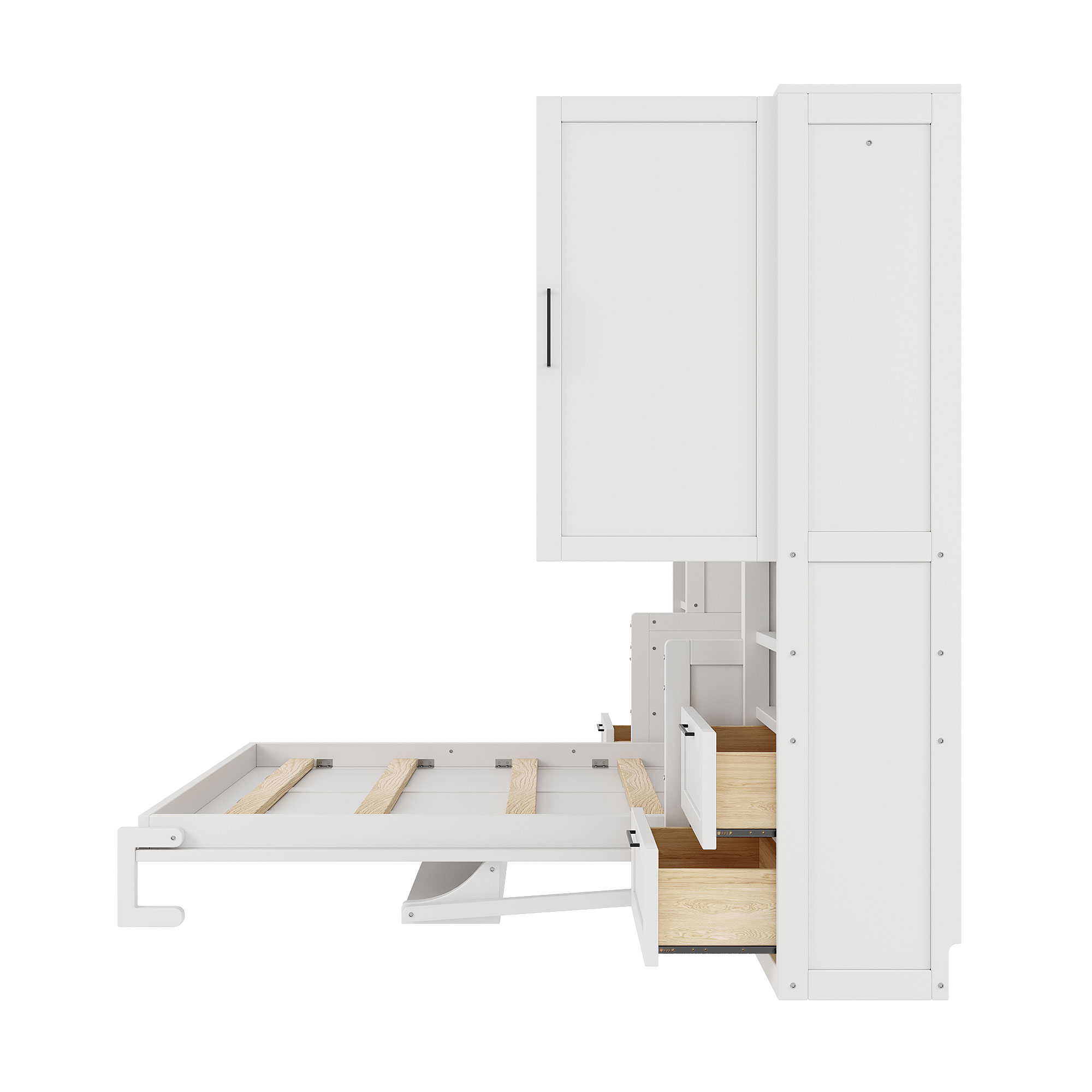 Queen Size Murphy Bed with 2 Closet, 4 Drawers and Open Shelves for Small Space, Guest Room