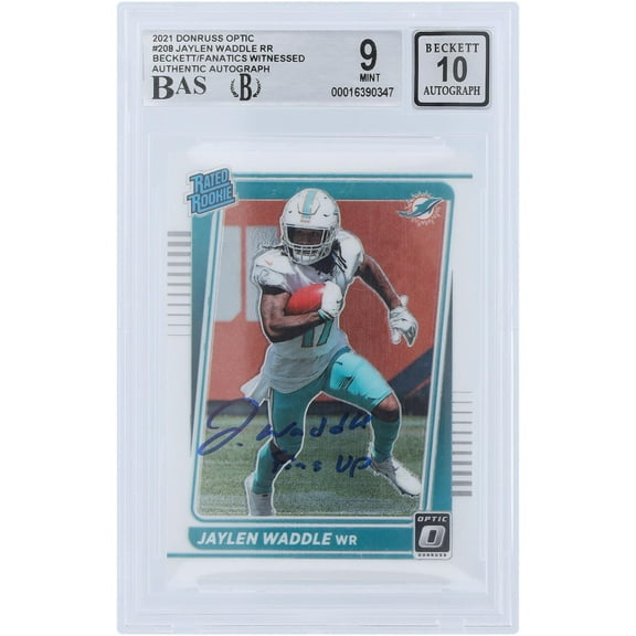 Jaylen Waddle Miami Dolphins Autographed 2021 Panini Donruss Optic Rated Rookie #208 Beckett Fanatics Witnessed Authenticated 9/10 Rookie Card with "Fins Up" Inscription - Fanatics Authentic Certified