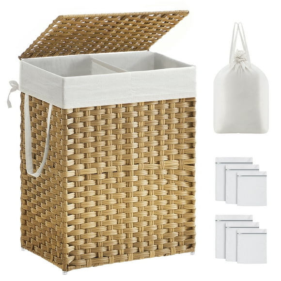 SONGMICS Laundry Hamper with Lid, 90L Clothes Hamper with 2 Removable Liner Bags, 6 Mesh Bags, Wicker Laundry Basket, Double Laundry Hamper for Bathroom, 13 x 18.1 x 23.6 Inches, Natural