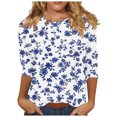 thumbnail image 2 of Nrmvnmi Womens 3/4 Length Sleeve Cotton Tops Casual Floral Print Round Neck Summer/Fall Tops Loose Fit Elastic and Lightweight Blouse For Women, 2 of 5