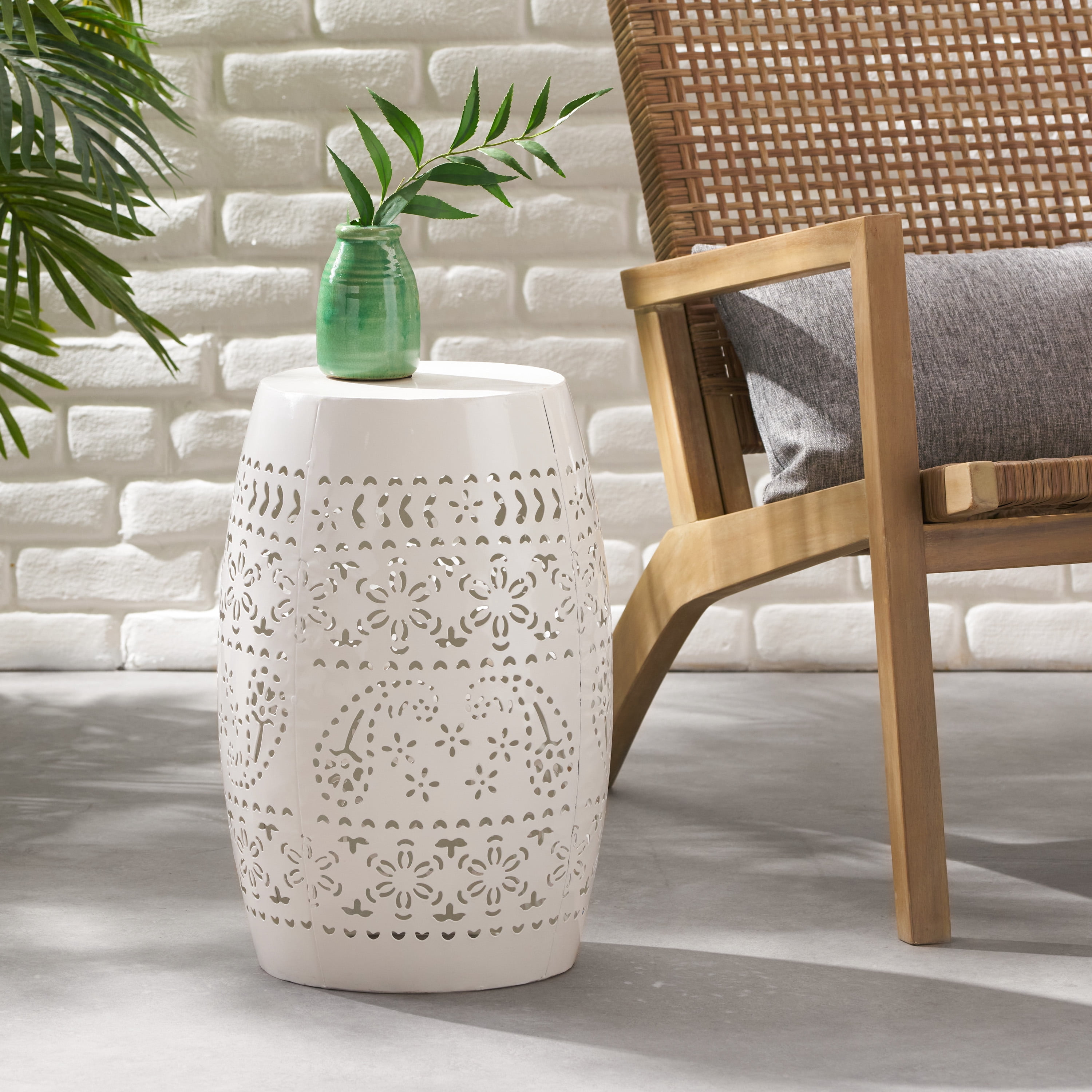 Lace Cut Metal Side Table, Outdoor End Table for Patio Balcony Garden, White