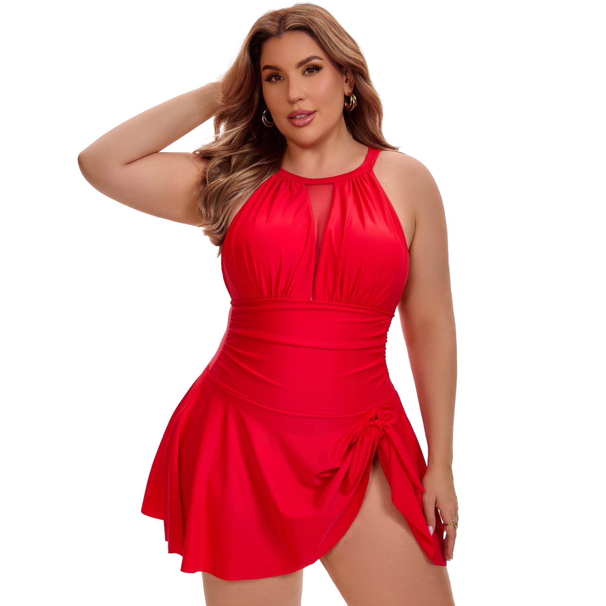 DARING DIVA Women's Plus 1 Piece Halter Mesh Sheer Tie Swimwear 4X Red