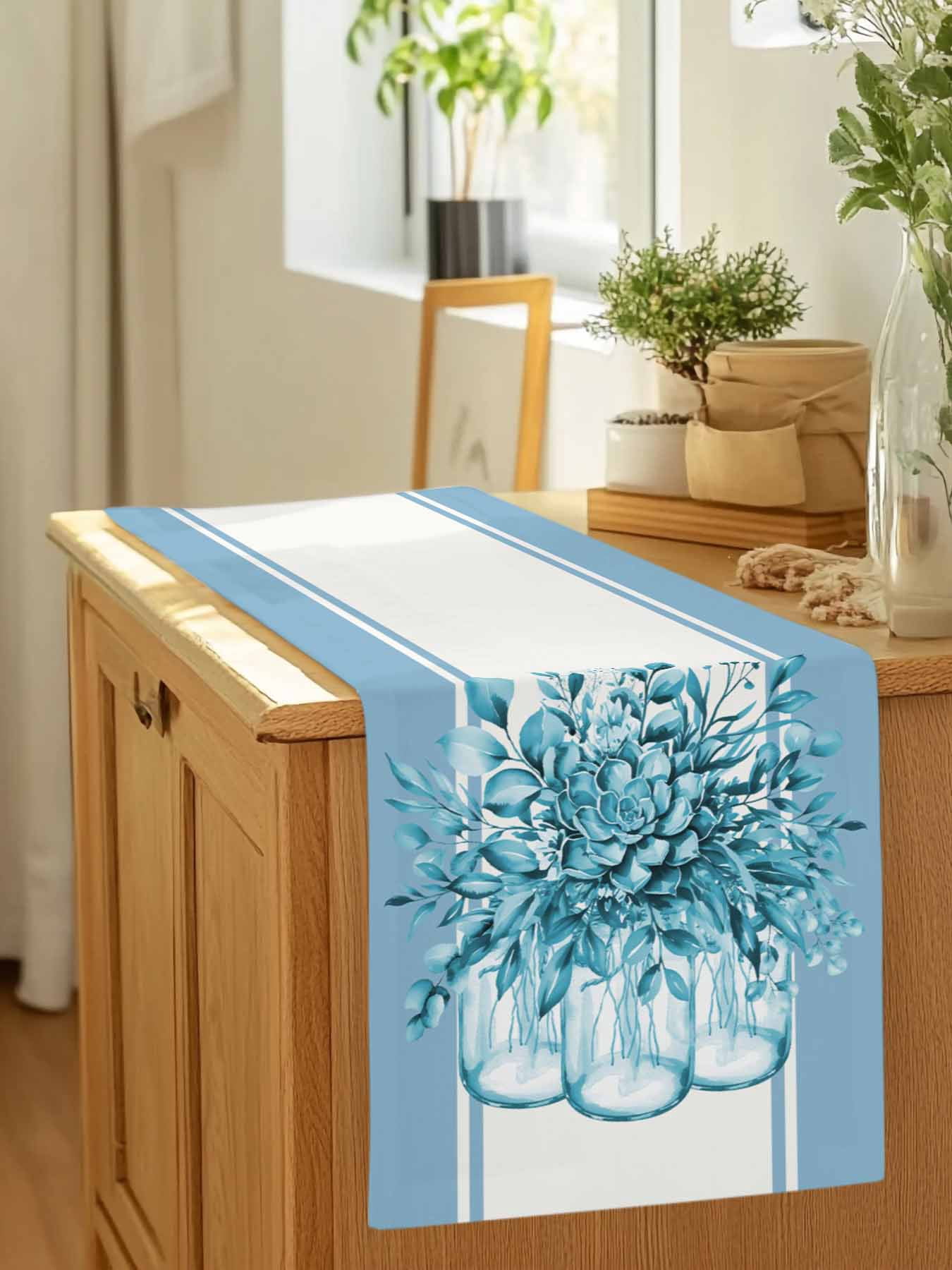 Country Teal Flower Botanical Table Runner 90 Inches Long, Modern Watercolor Stripes Table Runners Tabletop Scarf Kitchen Dining Tables Decoration for Home Party Indoor Outdoor