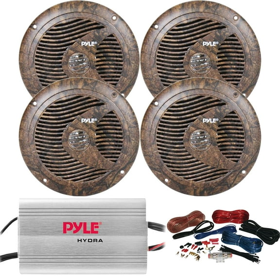 4 x Pyle 6.5" Marine Waterproof Dual Cone Full-Range Audio 150W Camouflage Stereo Speakers, 4-Channel 400W MP3/iPod 2-Ohm Stereo Stable Amplifier, Amp Installation Kit