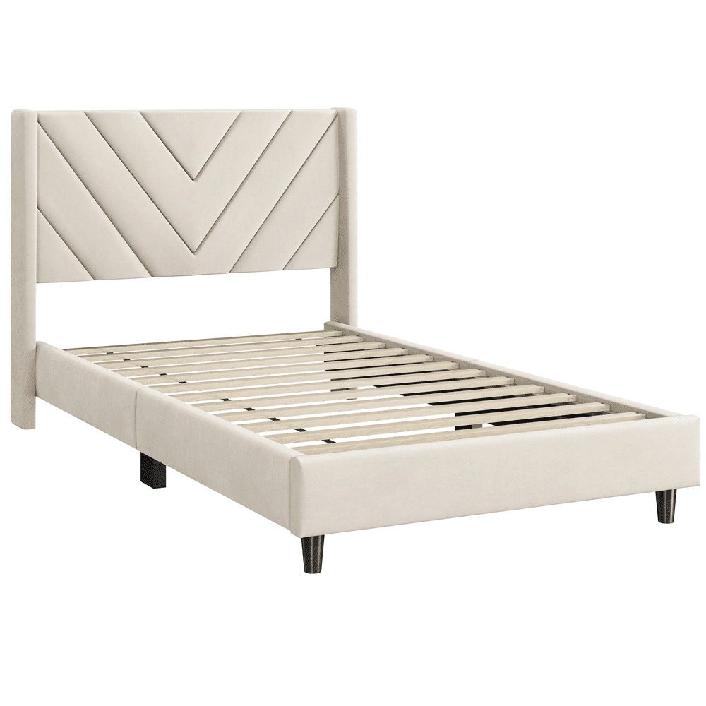 Renwick Upholstered Platform Bed with Wooden Slat Support and Tufted Headboard for Adult, Twin, Beige