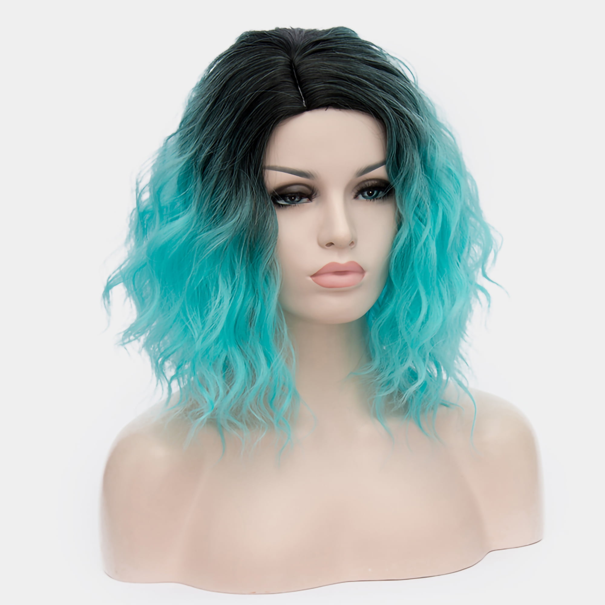 Unique Bargains Human Hair Wigs for Women Lady Curly Wig Cap Fluffy Curly Wavy Black Blue