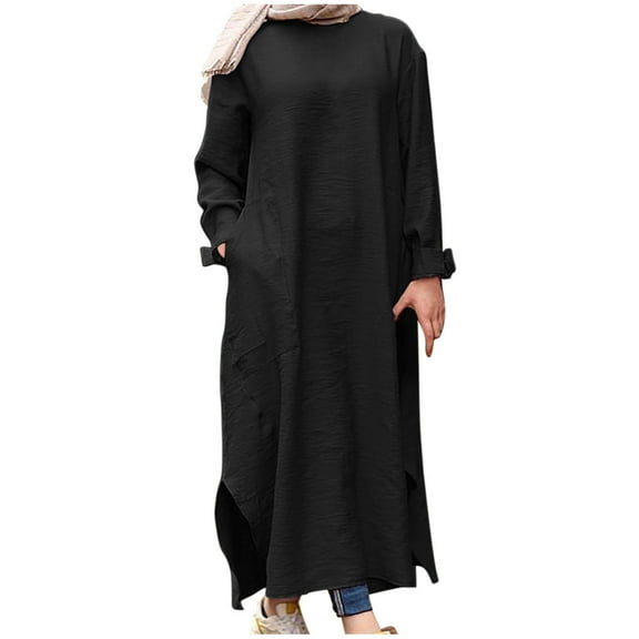 BVnarty Women's Fashion Round Neck Loose Pockets Long Sleeve Solid MId-Calf Long Dress Black XL