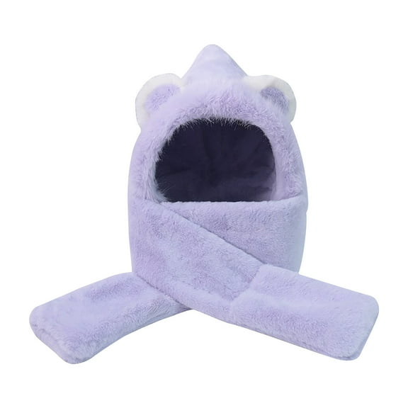Diufon Winter Hooded Scarf Hat for Women Cute Plush Thickened Warm Beanie Hats Windproof Outdoor Ski 2 in 1 Cap