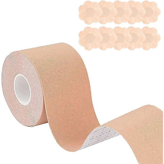 Cinta para Pechos, Body Tape, Cinta para Busto, Boob Tape y 10 Piezas de Pezoneras, Cubrepezones, Cinta Adhesiva para Levantamiento de Senos, Boobe Tape de Senos para Trajes o Vestido de Fiesta (5M