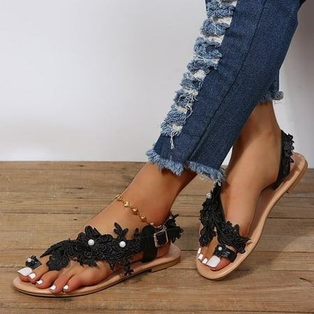 

BRISEZZS Womens Flat Sandals- Roman Lace Casual Open Toe Summer Sandals #619 Black