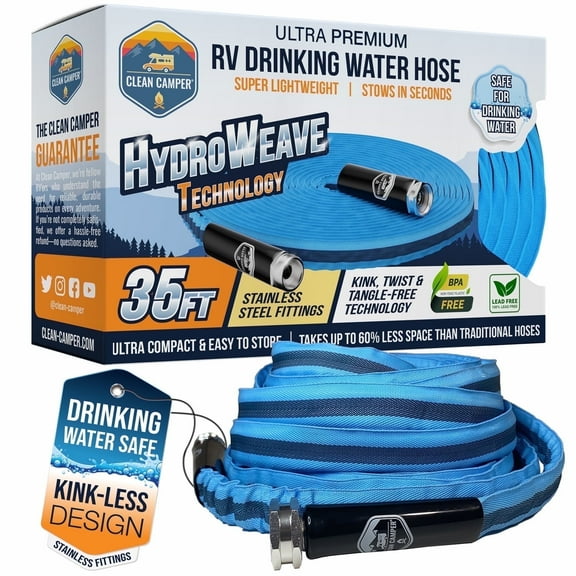 RV Fresh Water Drinking Hose 35' by Clean Camper- Kink Free Design | Non Leaching | Non Toxic | Stainless Steel Fittings, Durable