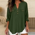 thumbnail image 2 of FAVIPT Women's Long Sleeve Cotton Tops Rolled Up Gauze Casual Shirts Curved Hem Henley V Neck Tees with Chest Pocket Army Green,M, 2 of 7