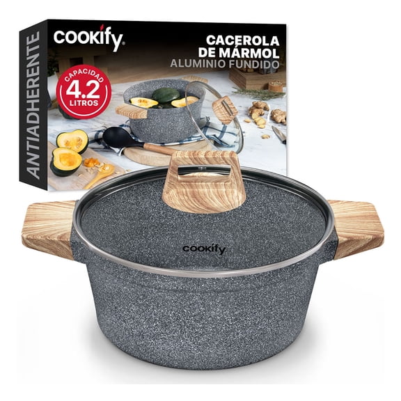 Olla Cacerola de Aluminio con Revestimiento Antiadherente Libre de PFOA Cookify (Mármol Gris, 24 cm)